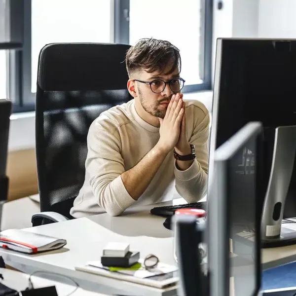 Un homme portant des lunettes est assis à un bureau avec plusieurs écrans d'ordinateur dans un bureau, regardant pensivement le moniteur, considérant les dernières extensions WooCommerce gratuites pour son site WordPress.