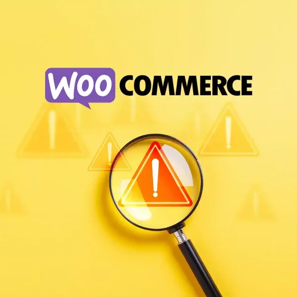 Une loupe sur un triangle d'avertissement rouge avec un point d'exclamation, à côté du logo WooCommerce sur fond jaune, souligne l'importance de la mise à jour de sécurité prévue pour le 11 juin 2024.