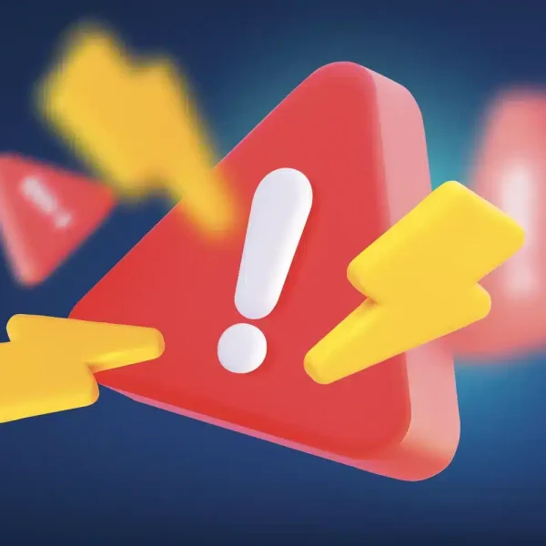 Un panneau d'avertissement triangulaire rouge avec un point d'exclamation au centre, entouré d'éclairs jaunes sur fond bleu, signifie des erreurs de connexion WordPress.