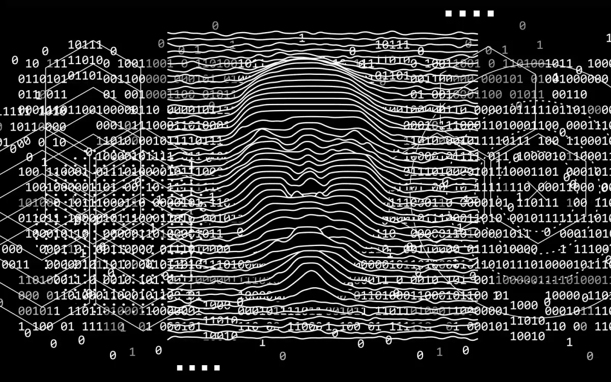 Fond noir avec code binaire blanc et lignes ondulées formant une forme centrale en couches, évoquant un paysage numérisé et abstrait rappelant une interface IA.