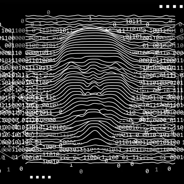 Fond noir avec code binaire blanc et lignes ondulées formant une forme centrale en couches, évoquant un paysage numérisé et abstrait rappelant une interface IA.