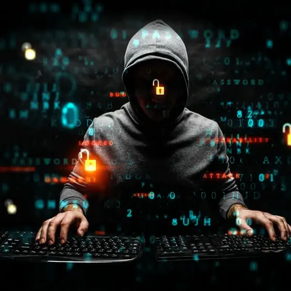 Une personne portant un sweat-shirt à capuche devant un clavier. Des symboles numériques et des icônes de verrouillage sont superposés, suggérant des thèmes de piratage ou de cybersécurité, et faisant allusion à la menace extérieure posée aux sites vulnérables comme WordPress.