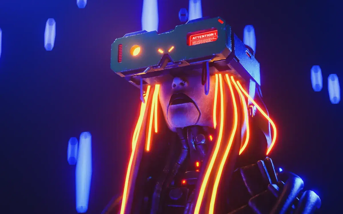 Personne portant un casque VR high-tech avec des éléments lumineux et des effets numériques bleus en arrière-plan, rappelant une scène avec des robots futuristes.