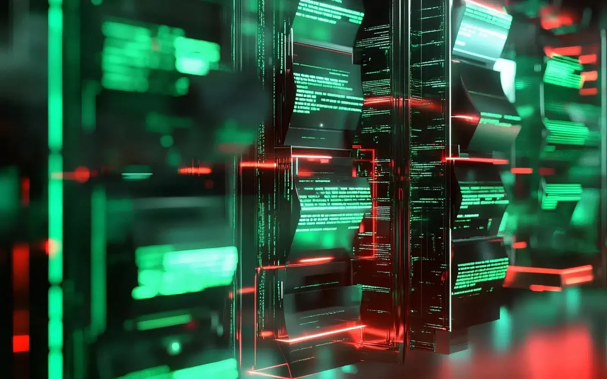 Vue rapprochée d'une salle de serveurs futuriste avec des panneaux de données éclairés en vert et en rouge et des structures en forme de circuit, où les paramètres d'autorisations de fichier WordPress sont parfaitement intégrés.