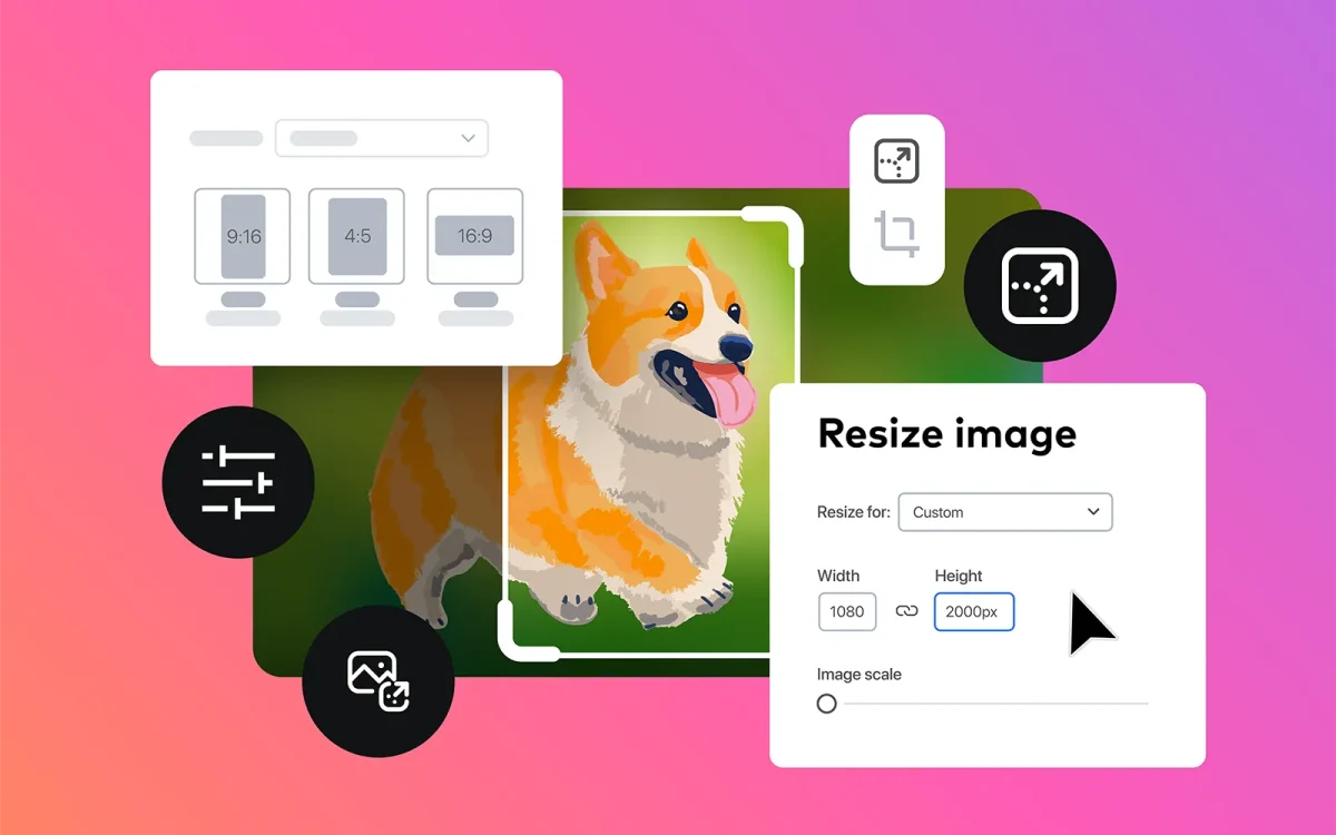 Une illustration numérique représente une interface WordPress permettant de redimensionner des images, mettant en évidence un corgi au centre entouré de diverses icônes d'édition pour optimiser vos images.
