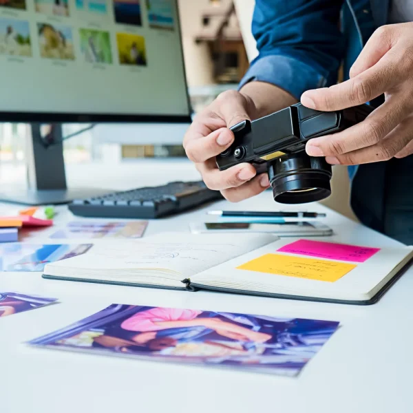 Créatif retouchant des photos à son bureau, illustration de l'éditeur d'images de WordPress 7.1