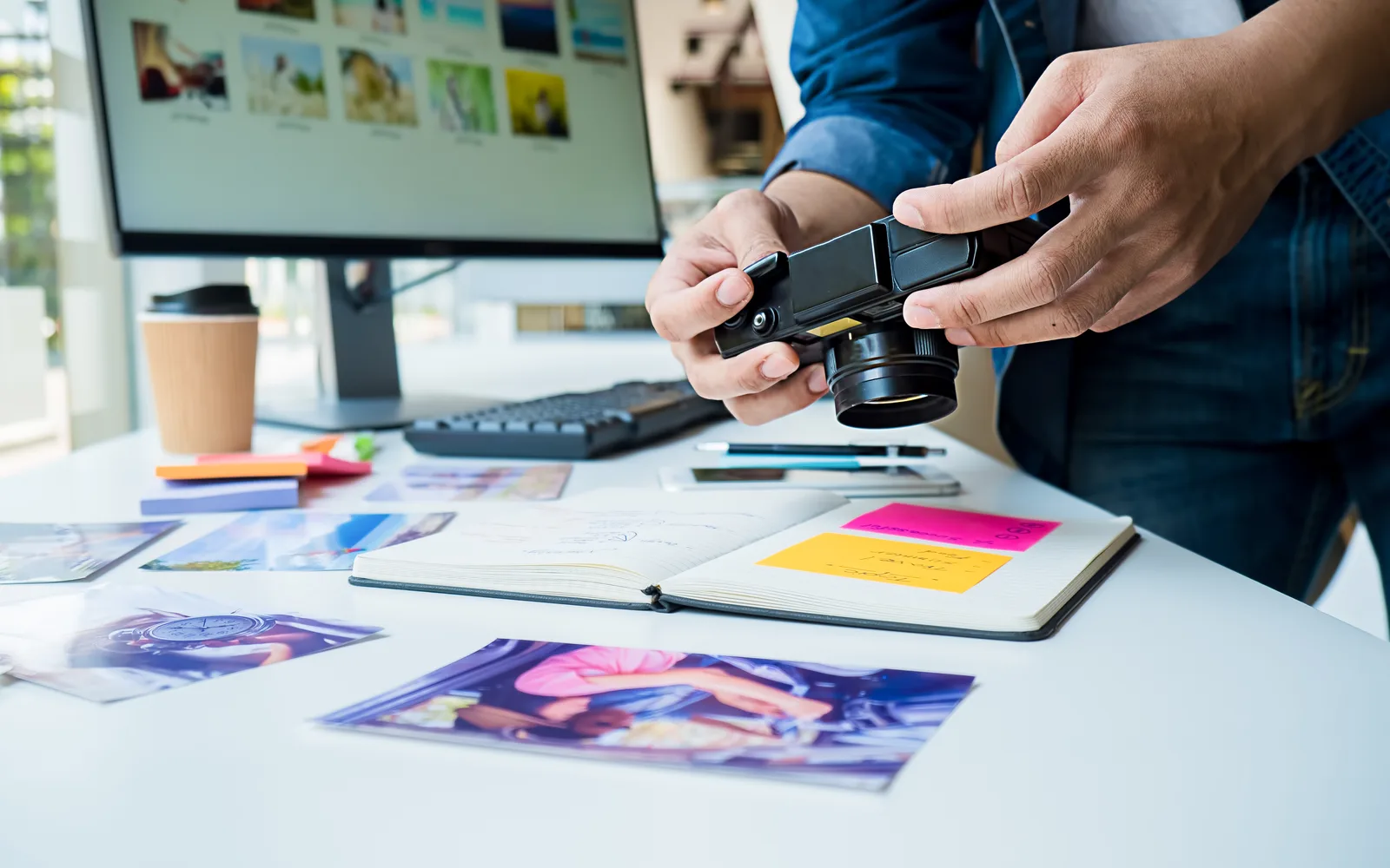 Créatif retouchant des photos à son bureau, illustration de l'éditeur d'images de WordPress 7.1
