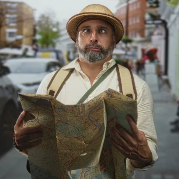 Voyageur perplexe, carte routière dépliée en main dans une rue animée, pour illustrer une page WordPress introuvable (erreur 404)