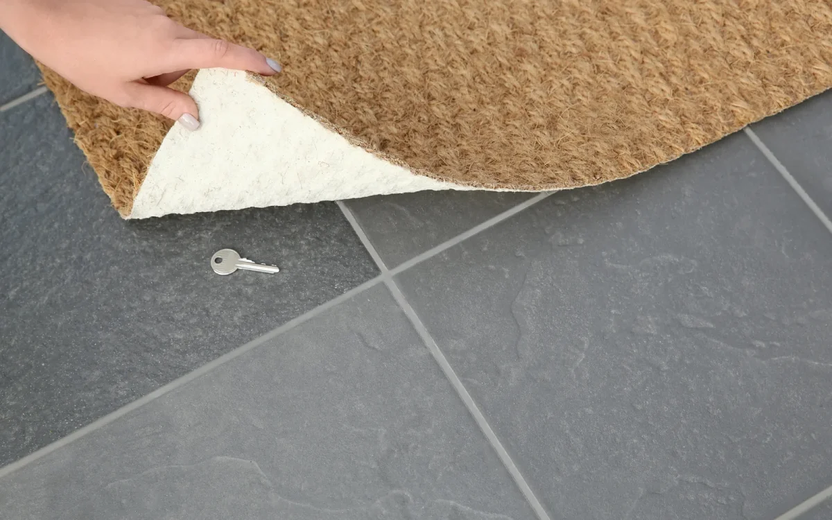 Main qui soulève un paillasson en fibre de coco et découvre une clé cachée sur le carrelage, pour illustrer les administrateurs cachés créés via la faille Ninja Forms