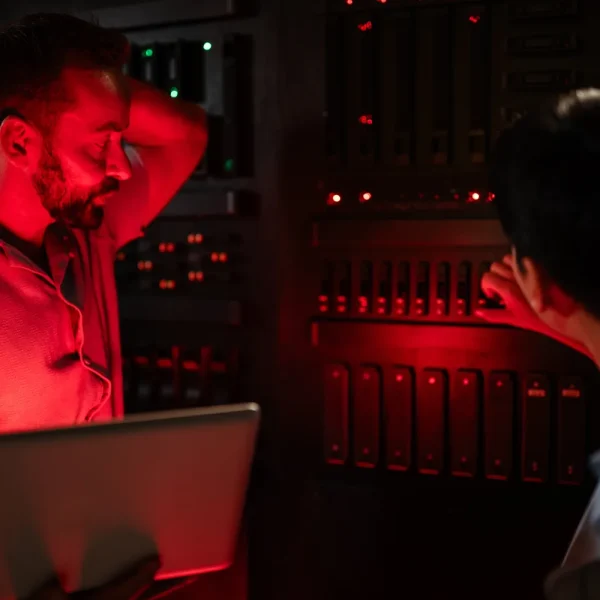 Deux techniciens dans une salle de serveurs plongée dans une lumière rouge d'alerte, l'un inquiet avec un ordinateur portable, l'autre qui intervient sur une baie, pour illustrer l'urgence de la faille PHP php2shell