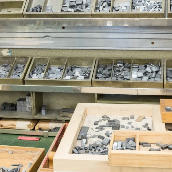 Casiers en bois remplis de caractères d'imprimerie en plomb dans un atelier lumineux, pour illustrer les icônes Elementor qui ne s'affichent plus