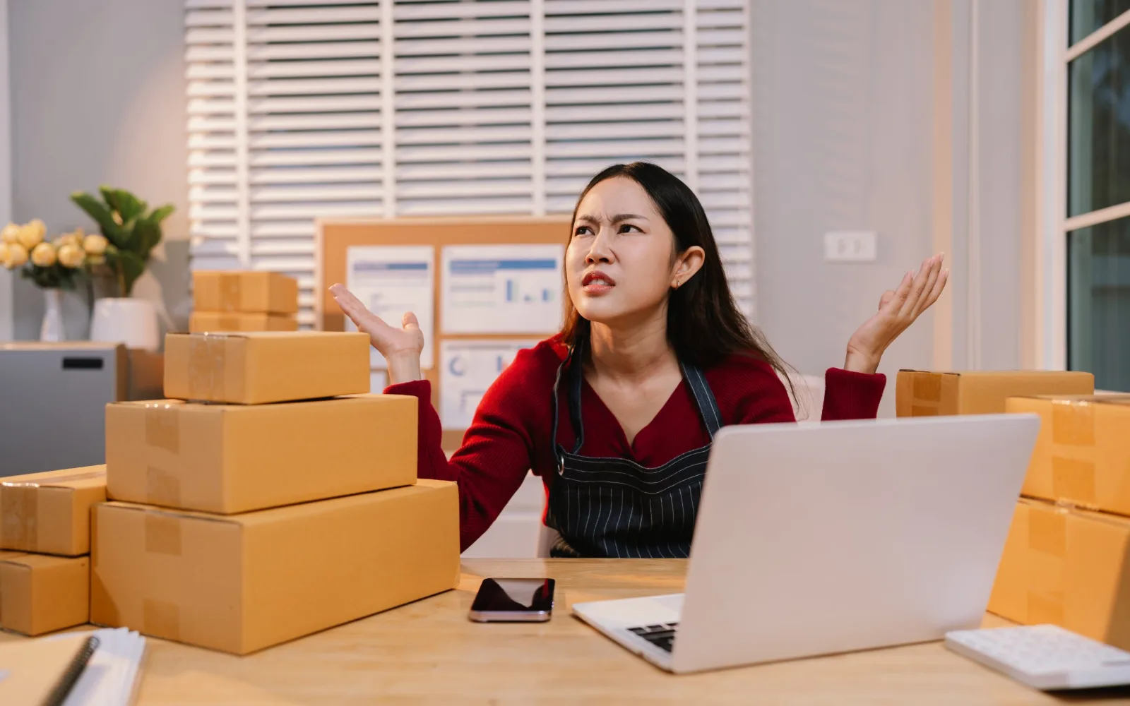 Commerçante agacée entre ses colis devant son ordinateur portable, le panier de sa boutique en ligne ne fonctionne plus