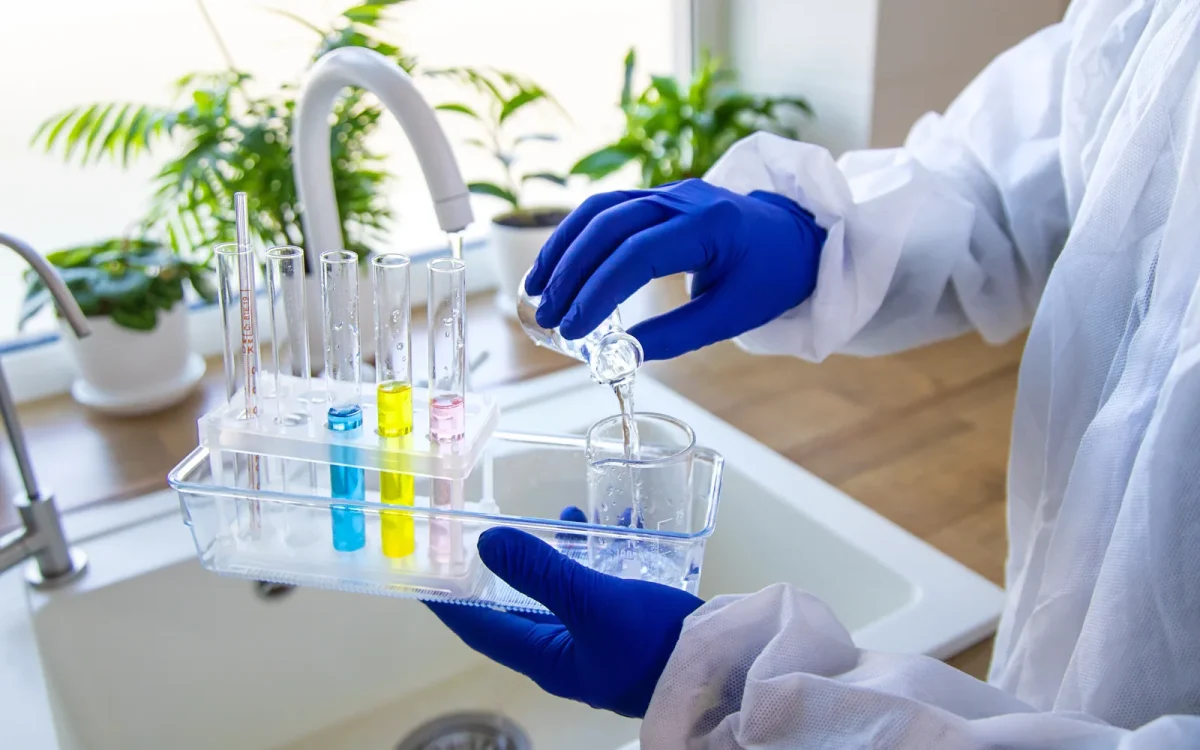 Mains gantées de bleu qui versent de l'eau du robinet dans un bécher à côté de tubes à essai colorés, pour illustrer le contrôle d'une mise à jour Rank Math PRO piégée à la source
