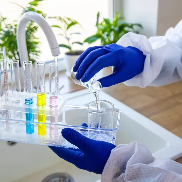 Mains gantées de bleu qui versent de l'eau du robinet dans un bécher à côté de tubes à essai colorés, pour illustrer le contrôle d'une mise à jour Rank Math PRO piégée à la source