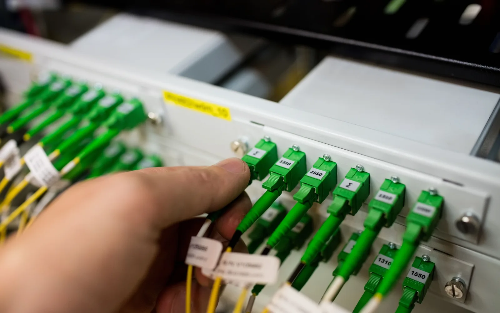 Main d'un technicien qui branche des câbles à fibre optique verts sur un panneau de brassage, image de la connexion coupée entre l'éditeur WordPress et le serveur
