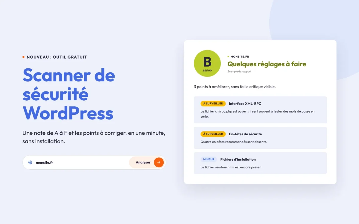 Aperçu du scanner de sécurité WordPress gratuit de DépannageWP, avec un exemple de rapport noté B