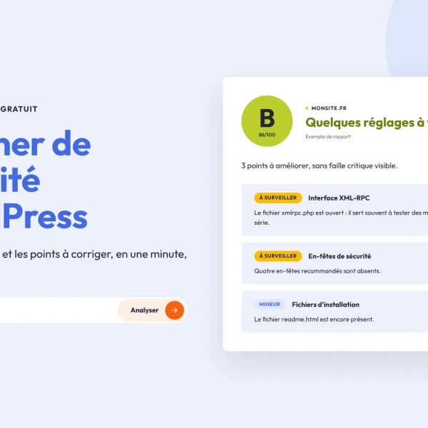 Aperçu du scanner de sécurité WordPress gratuit de DépannageWP, avec un exemple de rapport noté B