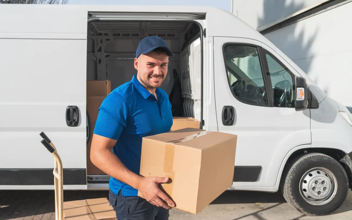 Livreur souriant qui porte un carton devant son fourgon blanc, pour illustrer une boutique WooCommerce qui ne propose plus aucune méthode de livraison