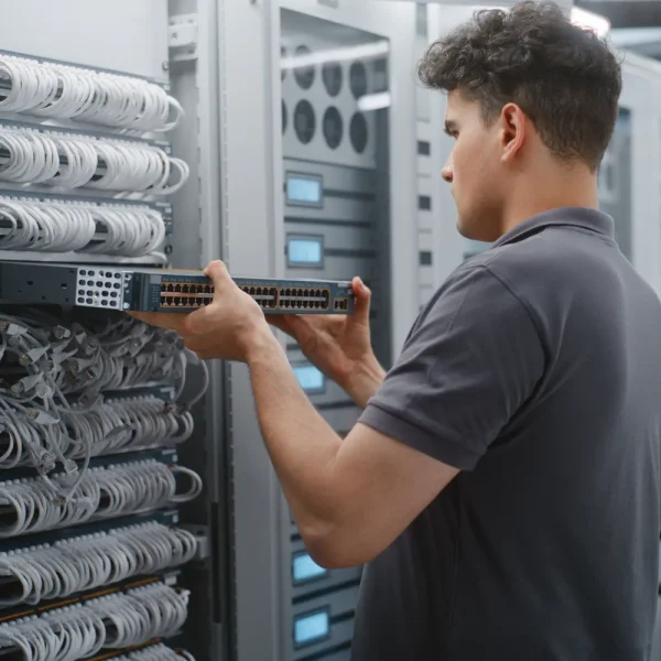 Technicien qui remplace un commutateur réseau dans une baie de serveurs lumineuse, pour illustrer la mise à jour de sécurité WordPress 7.1.4